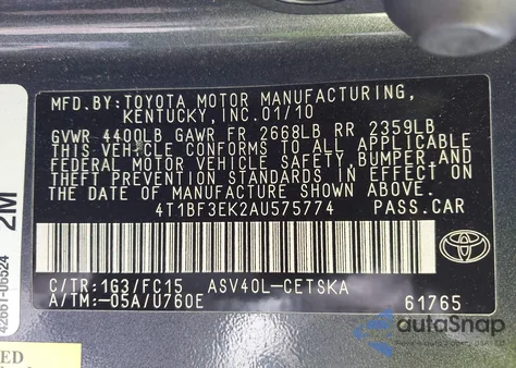 2010 Toyota Camry Se из США, поврежденный, VIN 4T1BF3EK2AU575774